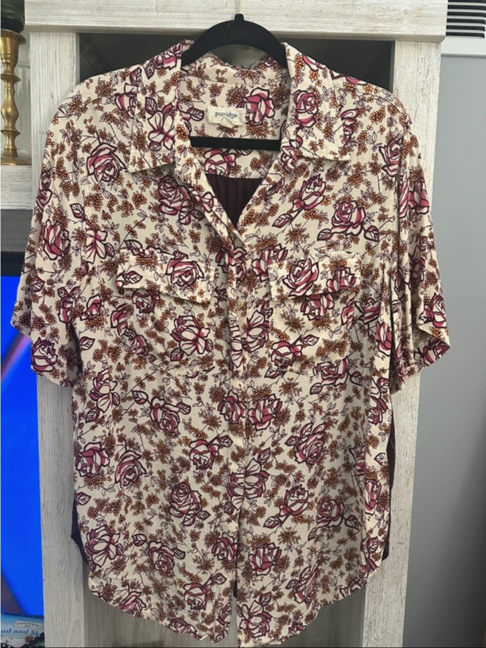 Pontiège Cream Floral Button-Down Shirt with Pink Rose Print